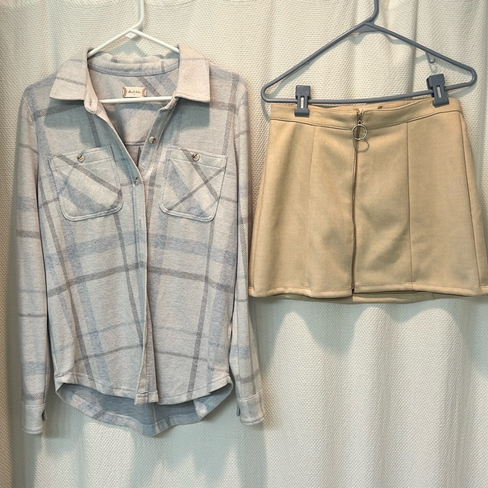 Alter'd State Flannel button up - size small and tan suede mini skirt - size med